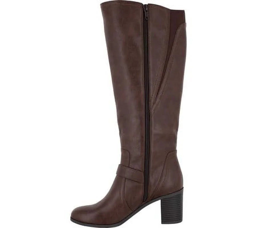 Toe Format Brown Boot Block 8.5 Riding Studded STREET W EASY Womens Heel Elastic Goring Zip-Up Round Strappy