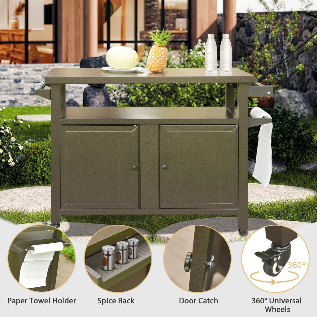 Cooking Kitchen Table Wheels, for Party, Dining Storage exterior Patio, Metal Grill (Brown) Cabinet Kitchen exterior Carts BBQ Table Bar with Prep Home Island, Grill Table CoSoTower