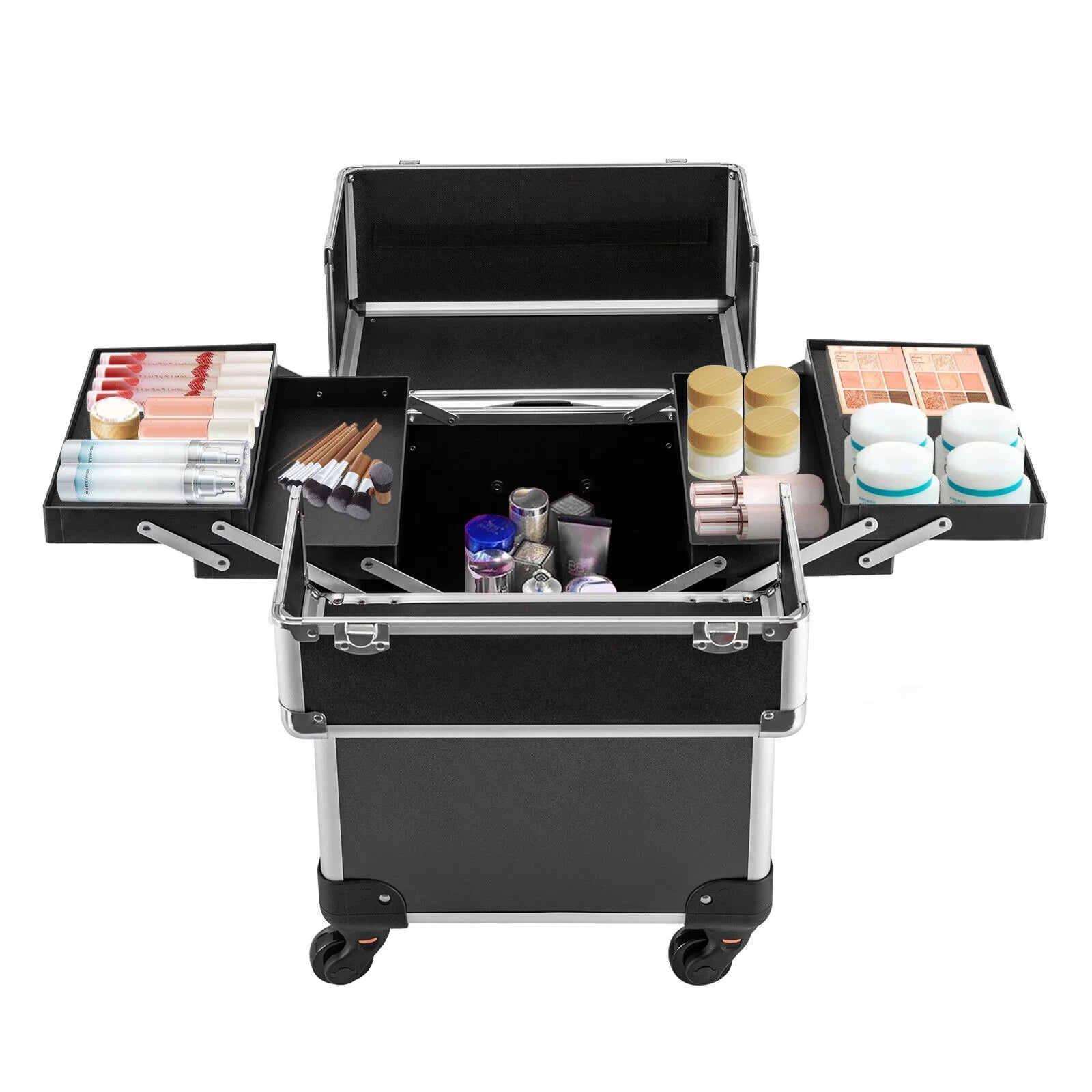 with Rolling Luggage Nail Travel Box Trunk (Black) Train Hairdresser Salon Wheels Lockable Beauty Organizer Case Tool Trolley, Cart Case Stylist Makeup Swivel Cosmetic Barber