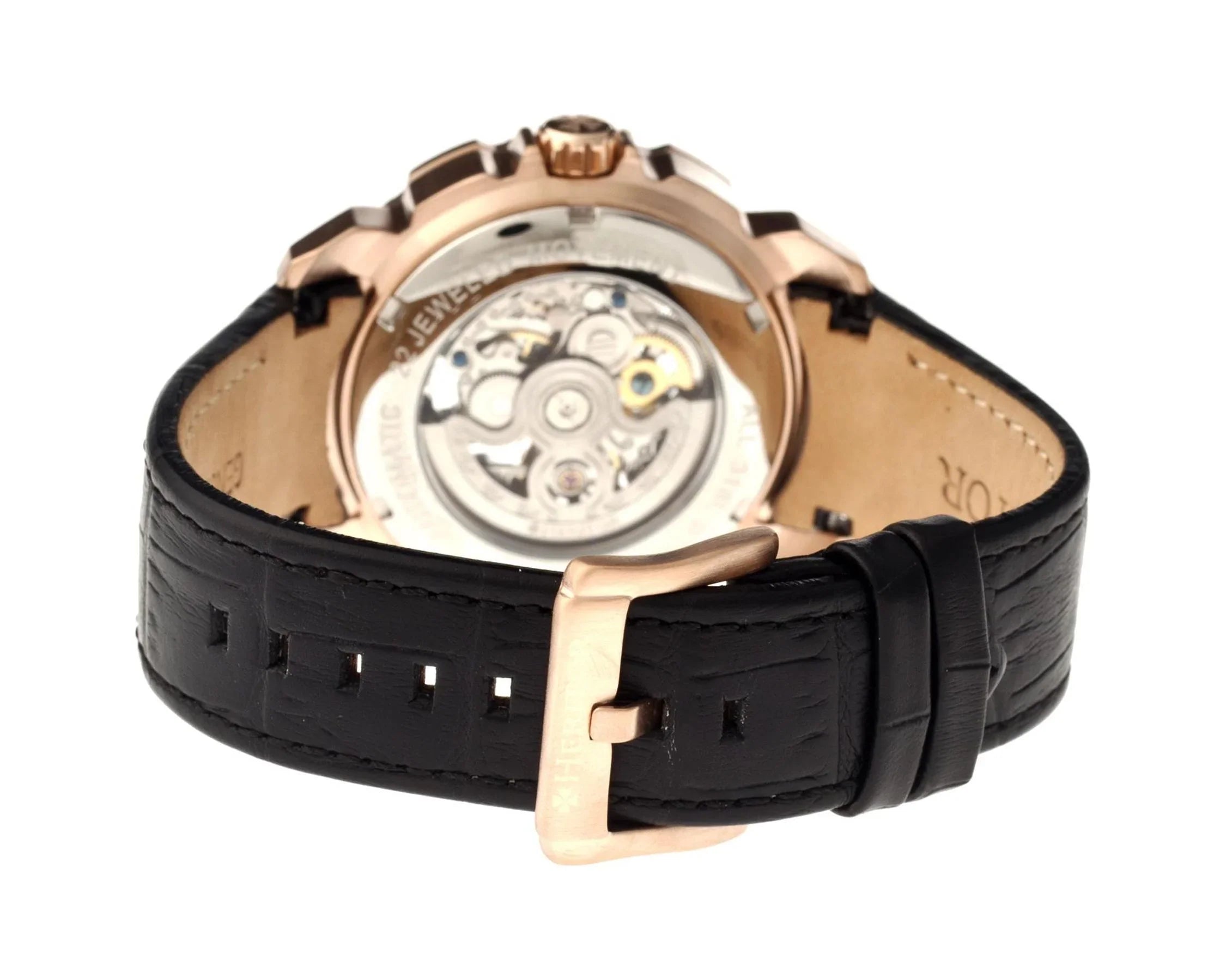 Leather Black Men's Case Black Stainless Watch Gold-tone Dial Skeleton Rose Steel Carter Heritor HR2506