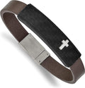 Cross Leather Solid Polished Faux Chisel - Steel 8" Brown Carbon Bracelet Stainless Fiber
