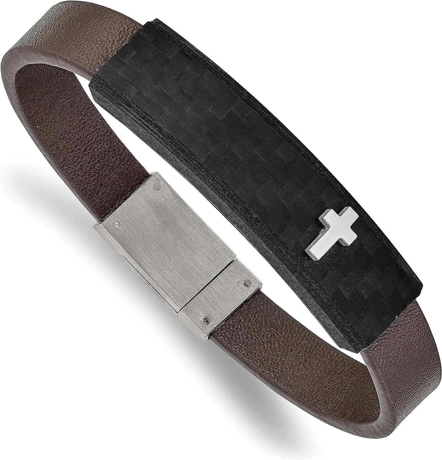 Cross Leather Solid Polished Faux Chisel - Steel 8" Brown Carbon Bracelet Stainless Fiber