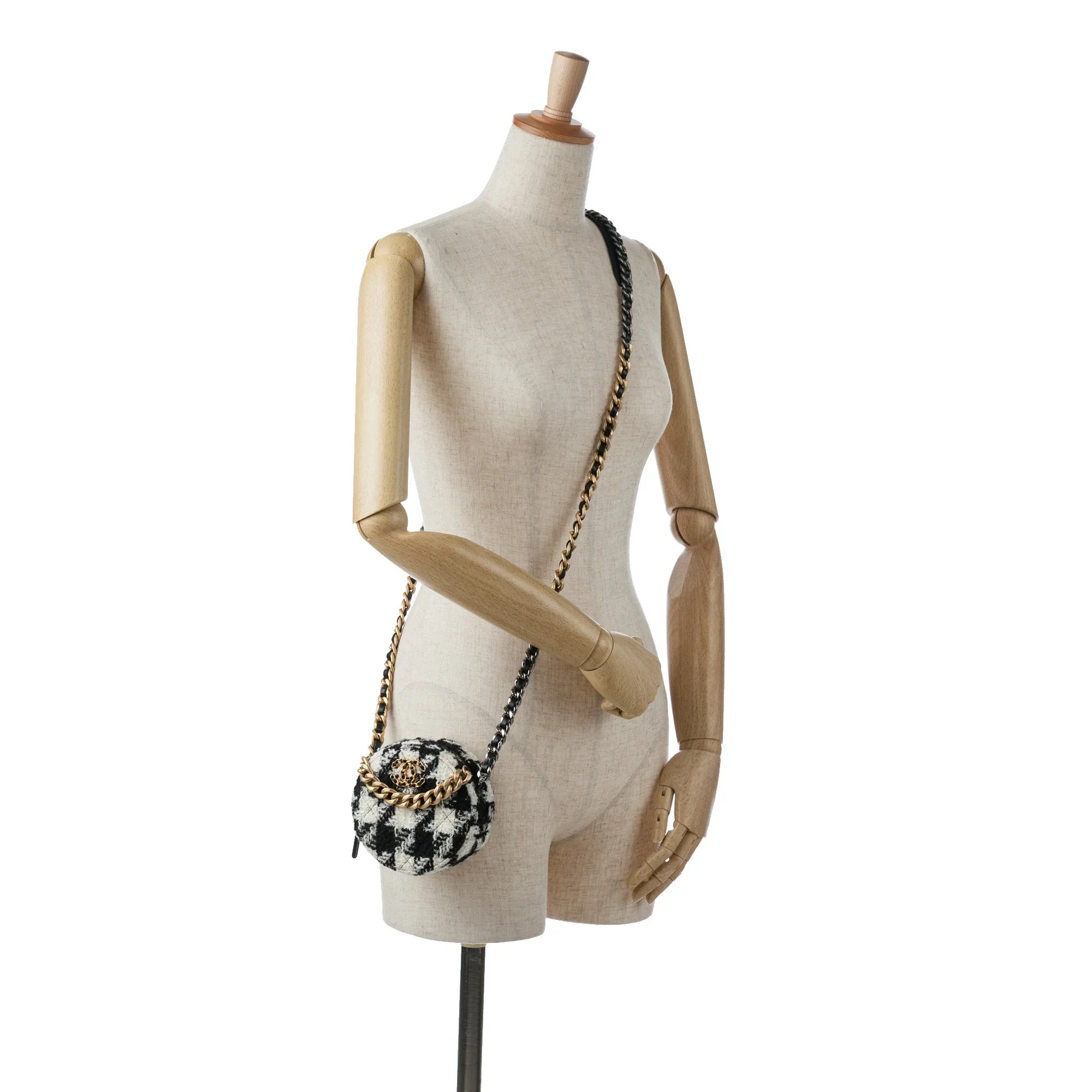 Chain Unisex with Coin 19 Lambskin Purse Black (Good) Clutch Bag Tweed Authenticated Pre-Owned Fabric Round Crossbody and