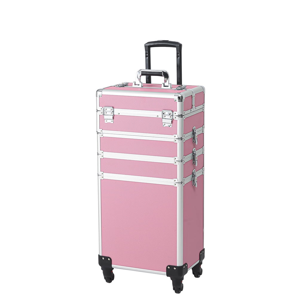 Rolling Case Makeup Case with Trolley Drawers Train Zeng Makeup Case,Pink