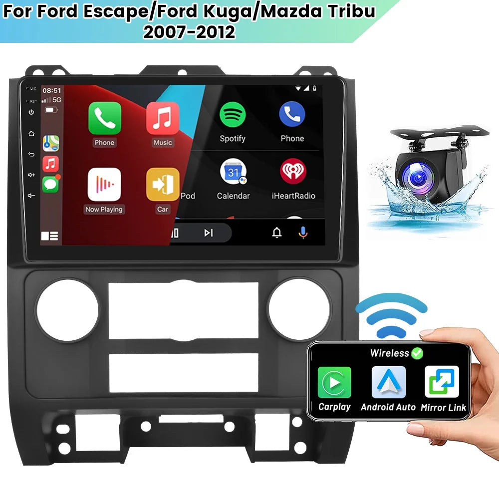 WIFI Camera Touchscreen Tribu Hifi, 13 Android 9'' Mirror Stereo Radio Wireless Podofo Car AHD 2+64G Android Escape/ for Carplay Auto GPS Backup FM Bluetooth 2007-2012 Link Kuga/Mazda