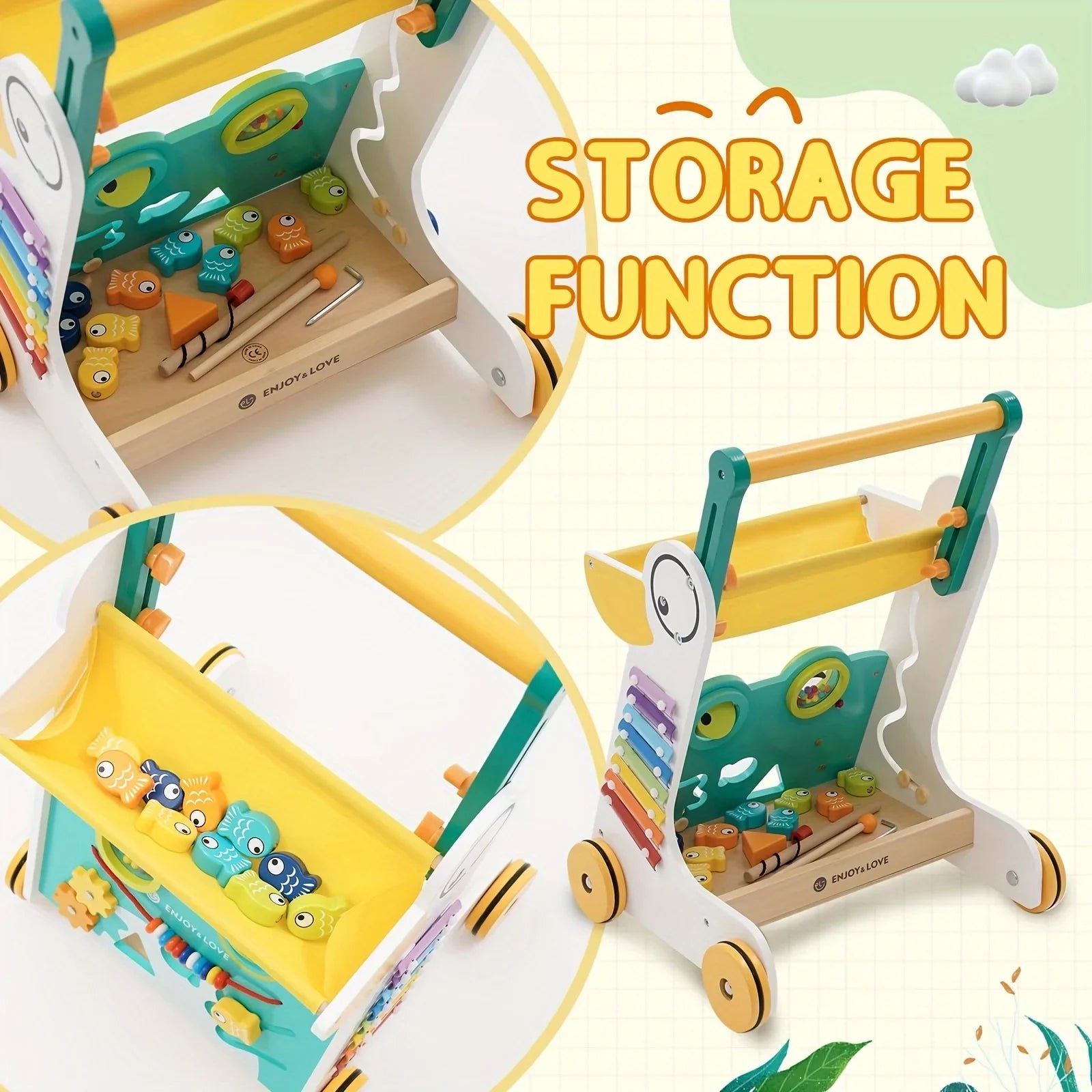 Trolley Walker Entertainment Toy Shape Learning for Sit-to-Stand Multiple Toddler Walker Baby Fishing Wooden Kids Baby Activity Along Xylophone Boys Infants Sorter Push Center with Girls Push