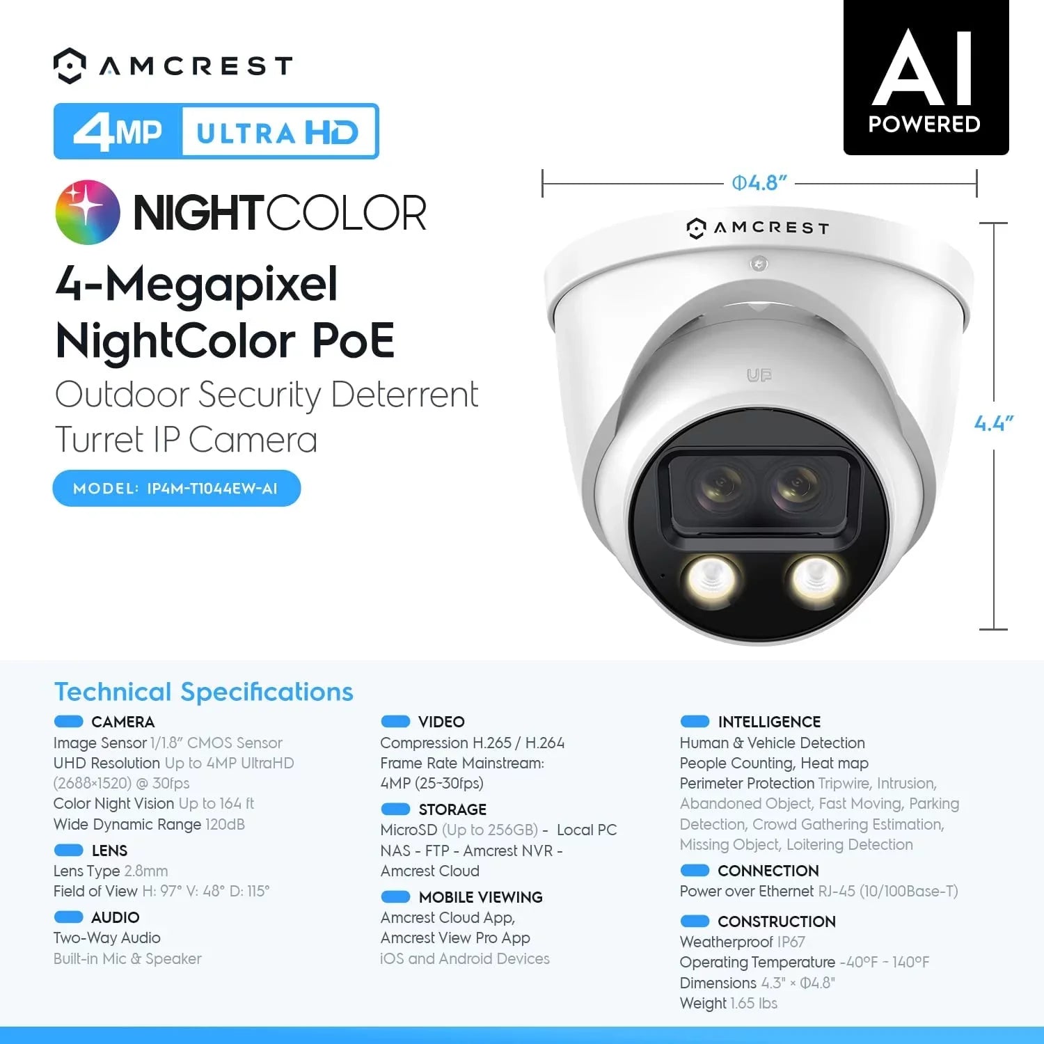 4K 4MP) 8MP Security exterior Camera, x AI POE (2 x Dual-Lens IP Amcrest Turret (2 2K) @25fps,