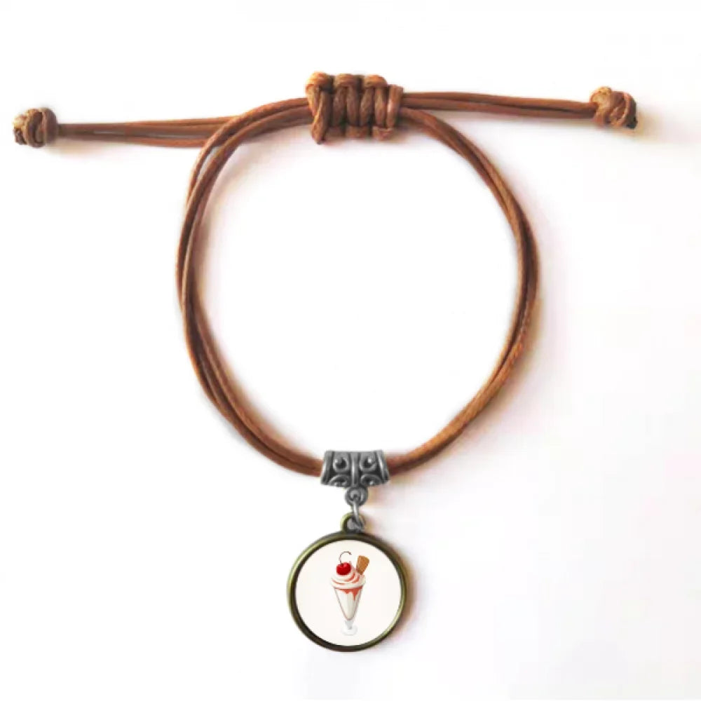 Ice Cup Bracelet Leather Jewelry Wristband Cherry Sweet Conical Brown Hide Rope