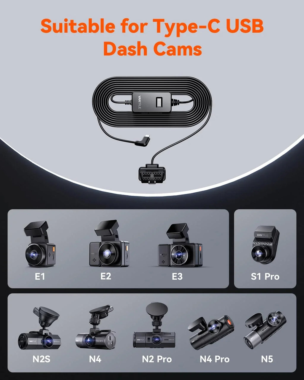for with Hardwiring Dashcams Vantrue listing) USB-C Cable LCD (See OBD Screen
