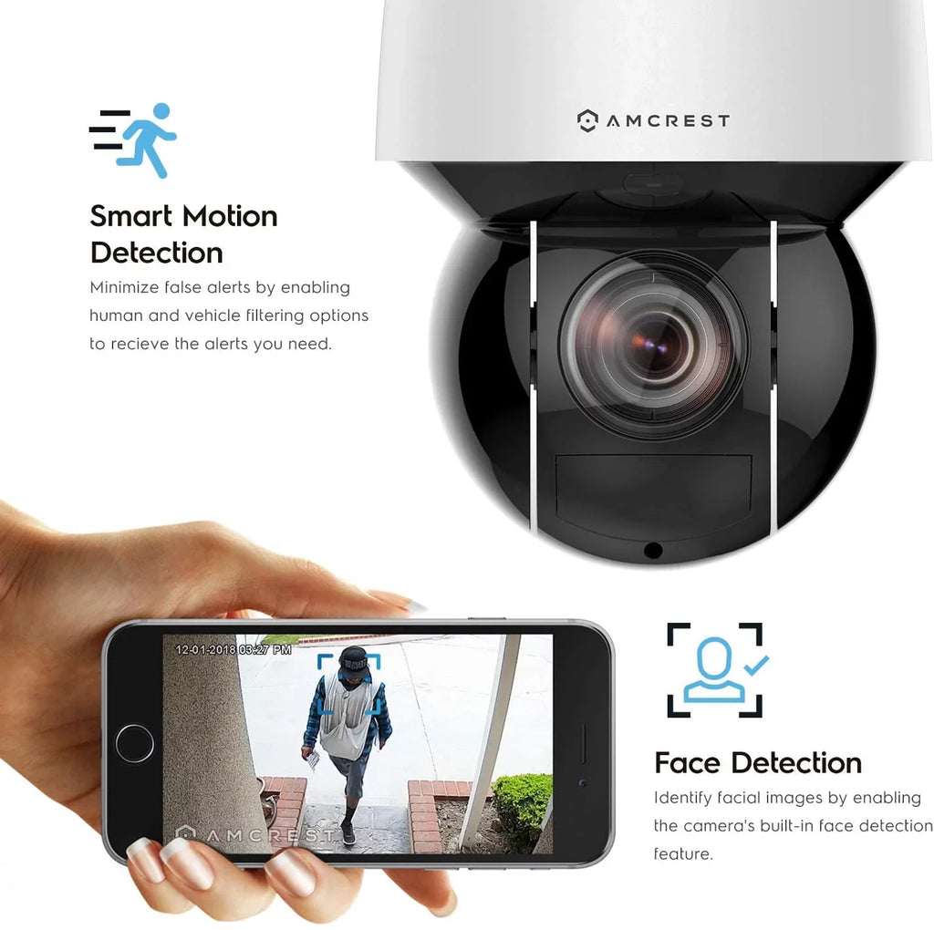 AI, Security Camera Tilt 492ft Dome, and People Detection (Optical Amcrest 4MP exterior POE IP Zoom POE+ PTZ Vehicle IP4M-1083EW-AI 32x (802.3at) + Night Camera UltraHD Motorized) Speed Vision POE+ Pan