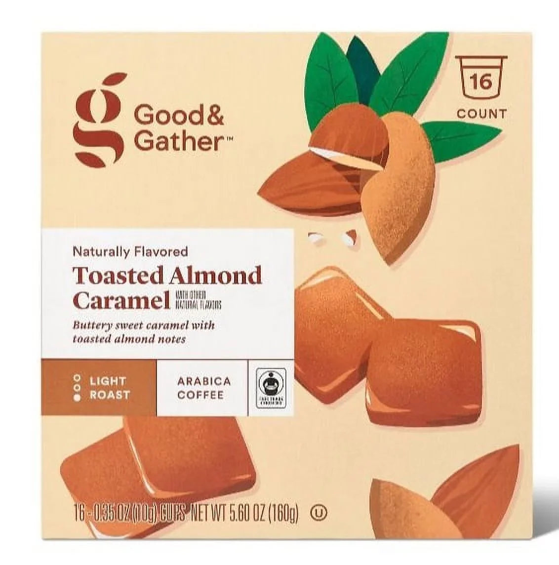 Roast Naturally pack Light Almond Coffee - 16ct Caramel Serve Pods Single Toasted 2 Flavored