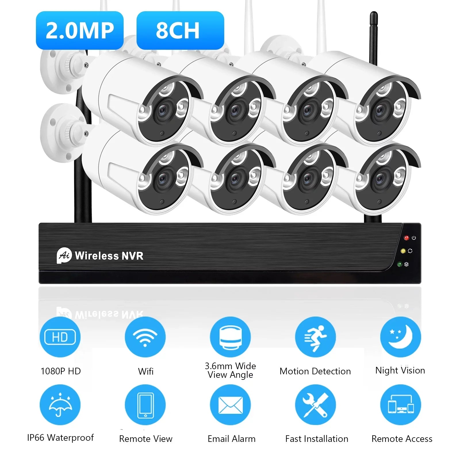 Wireless Remote System, 2.0MP NVR , Drive Cameras 8Channel Indoor + Alert, App Access, CCTV 1080P with 1080P Hard 1080P Motion Smart No 8CH 8PCS Tomshoo exterior IP