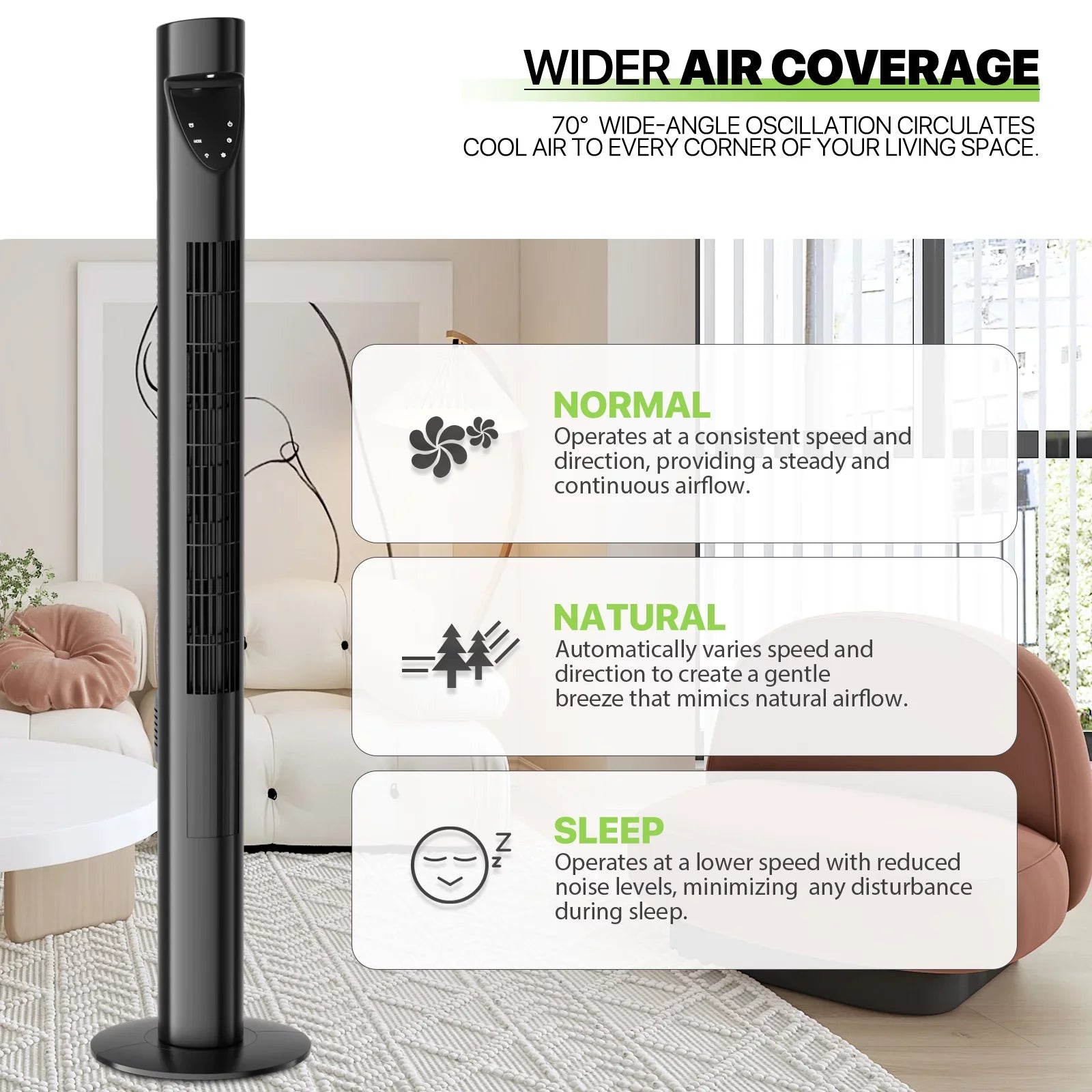 LED w/Remote USA Tower Low & Bladeless Noise Fan Fan 47"Oscillating 3-Speeds