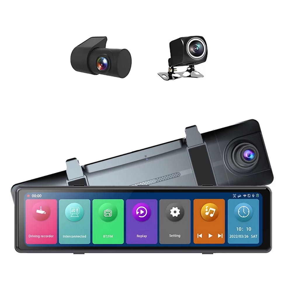 12in Touched Recorder Recording Driving Car Clear Video 2.5K Mirror Rearview Recorder 3 Cam Auto Dash Cameras Car OWSOO Screen Car Carplay