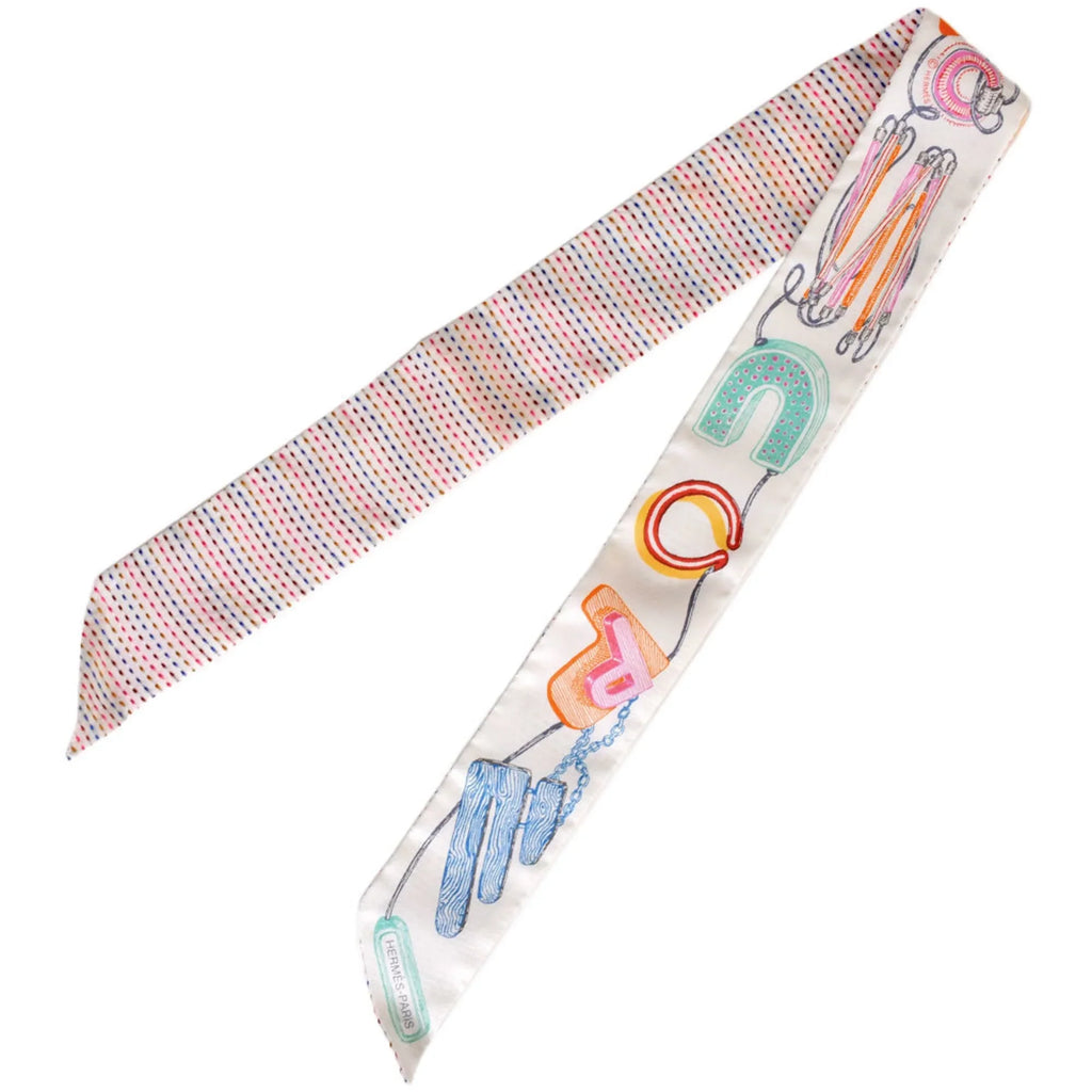 100% (Like NEON New) Silk CHEVALOSCOPE Scarf Pointier 853954S White Muffler Pre-Owned HERMES Twilly