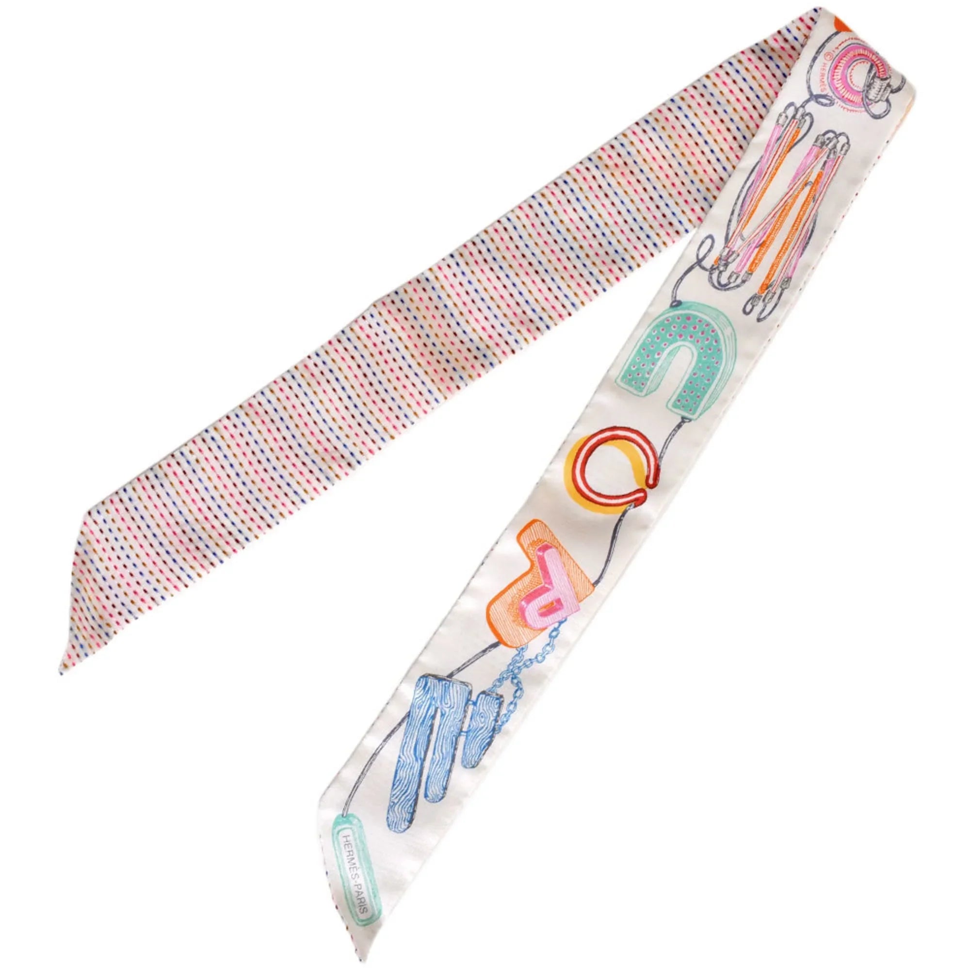 100% (Like NEON New) Silk CHEVALOSCOPE Scarf Pointier 853954S White Muffler Pre-Owned HERMES Twilly