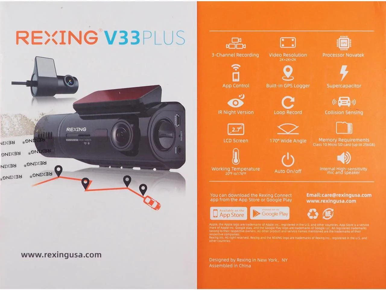 GPS +Cabin +Rear with V33 Rexing 3 Resolution Dashcam Front Channel 1440p+1440p+1440p BBY-V33 camera,