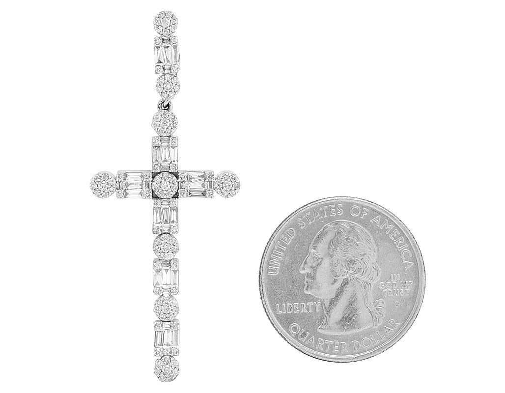 Diamond 1.2CT 2" Cross Real 10K Unisex Flower Baguette White Cluster Gold