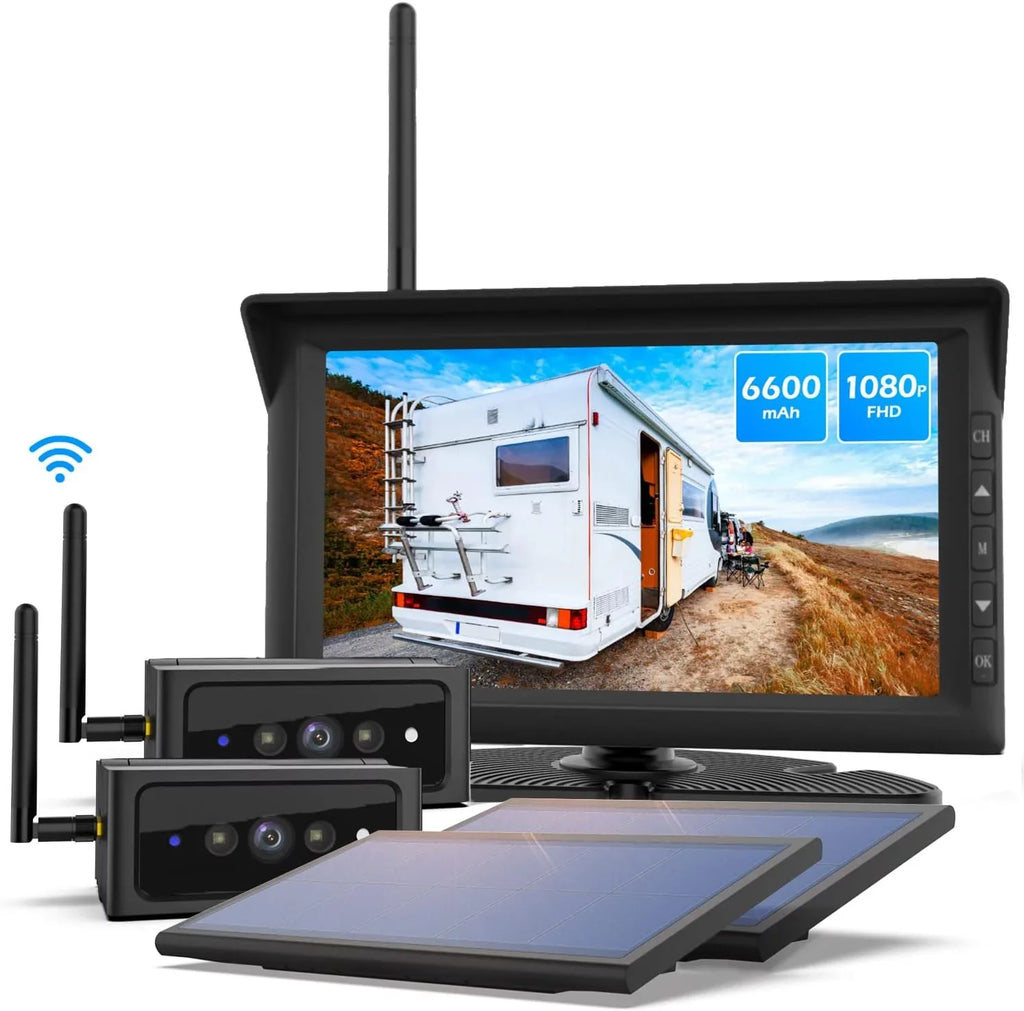 Dual Panel, Rear RV Monitor Campervans Reverse and PCS Camera View Solar Solar Wireless Trailer Camera, with Backup Wireless Split-Screen Cameras 7'' Battery-Powered Systems 2 2 Auto-Vox
