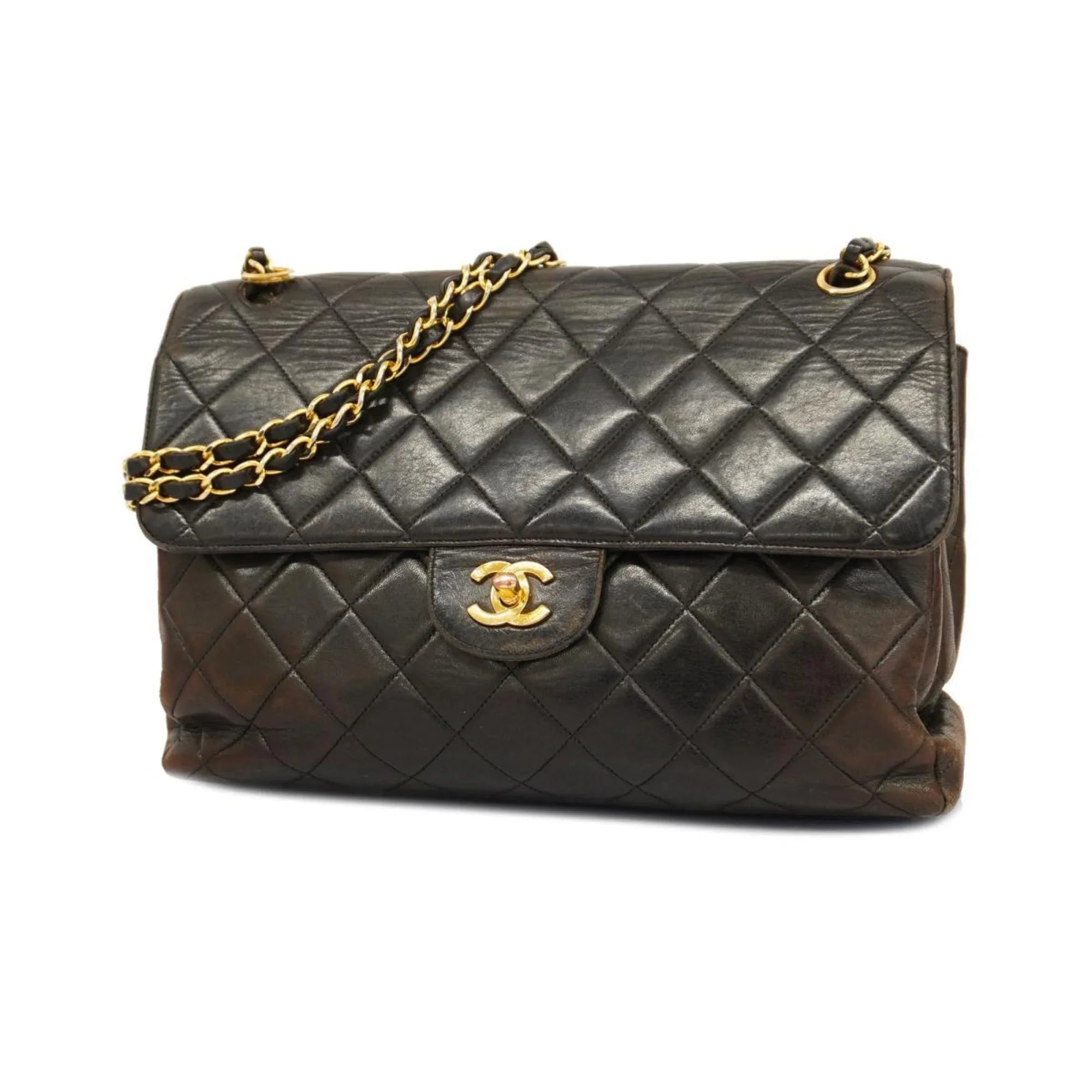 Pre-Owned Matelasse Black Bag Shoulder Women's (Good) Face W Double Chain Lambskin