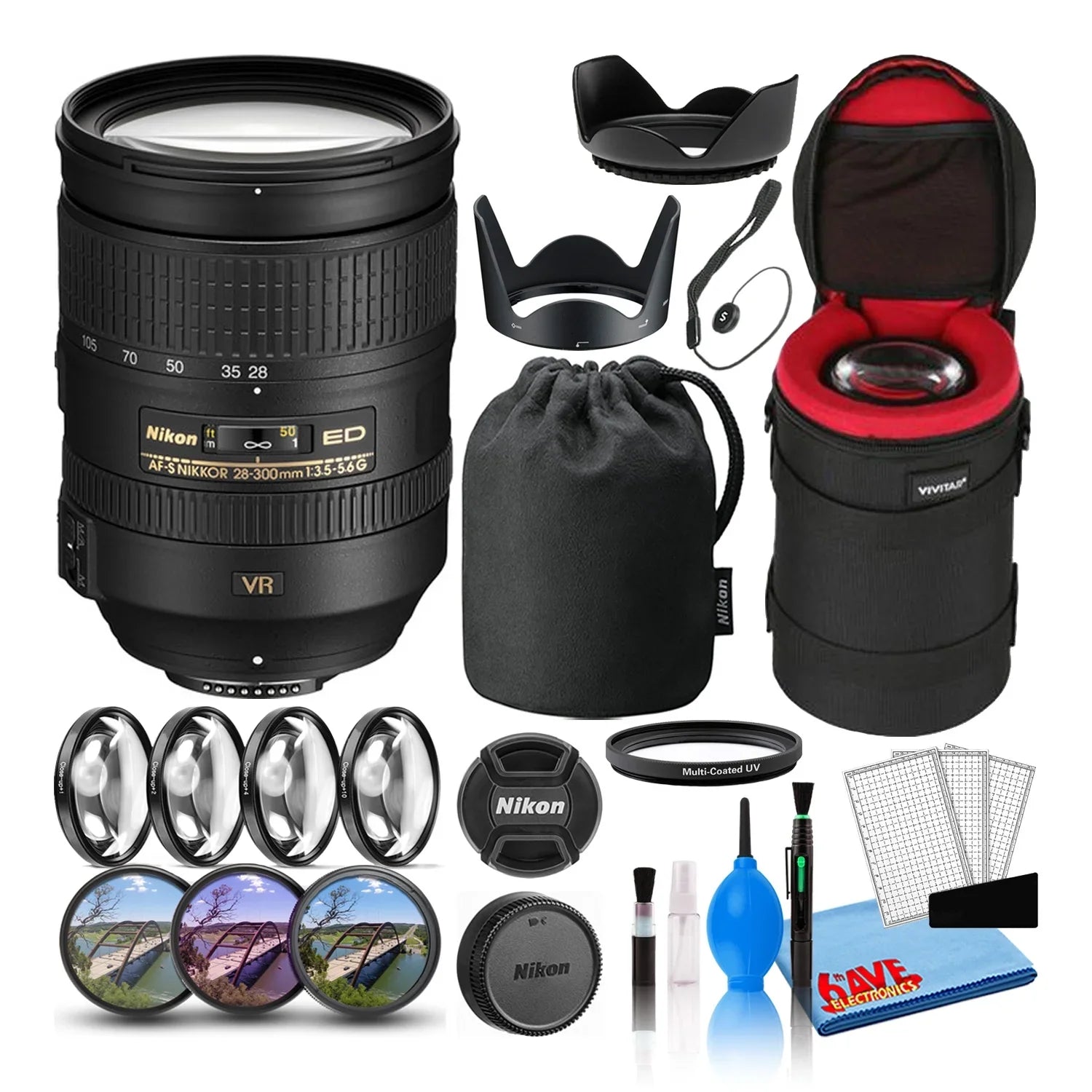 Keeper Lens Lens Nikon + Padded UV, Filters CPL, Lens NIKKOR Hood FL Kit (2191) + Cleaning Kit + + Lens Tulip 28-300mm Macro Filter with VR ED + Intl Cap AF-S f/3.5-5.6G Case