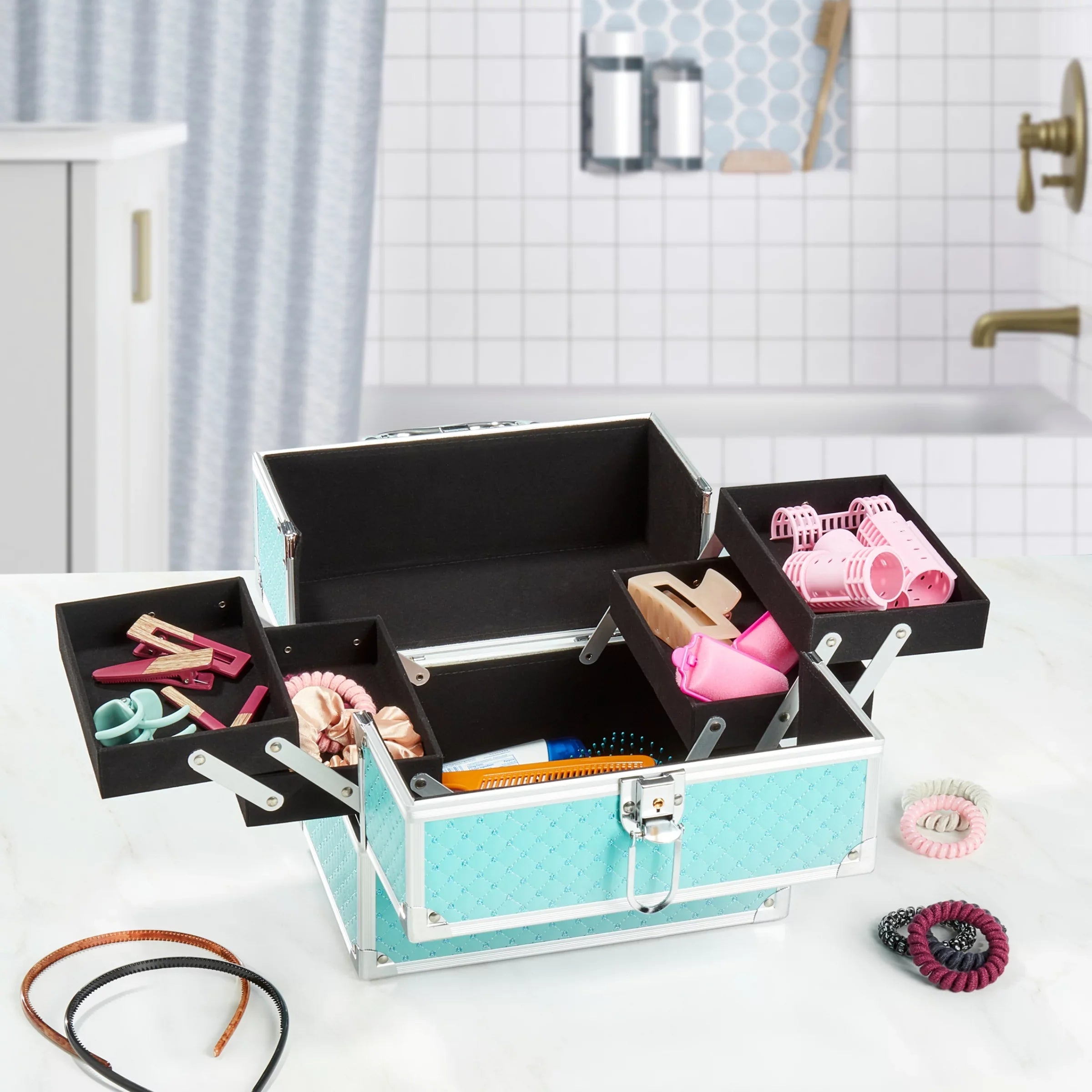 x trays, 6.7" Teal Organizer, Train 7.9" 4 Case Cosmetics x Color, Makeup 9.85"