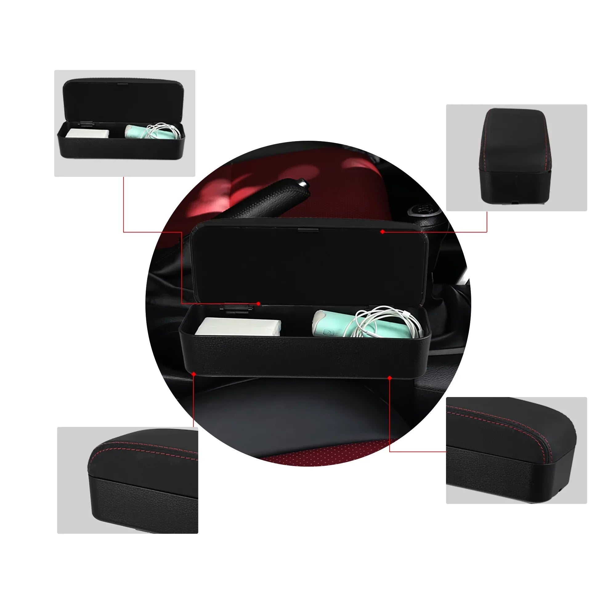 Armrest Leather Seat Armrest Armrest Red Organizer Box Black Adjustable Box with Center PU Extender Gap Storage Car Line