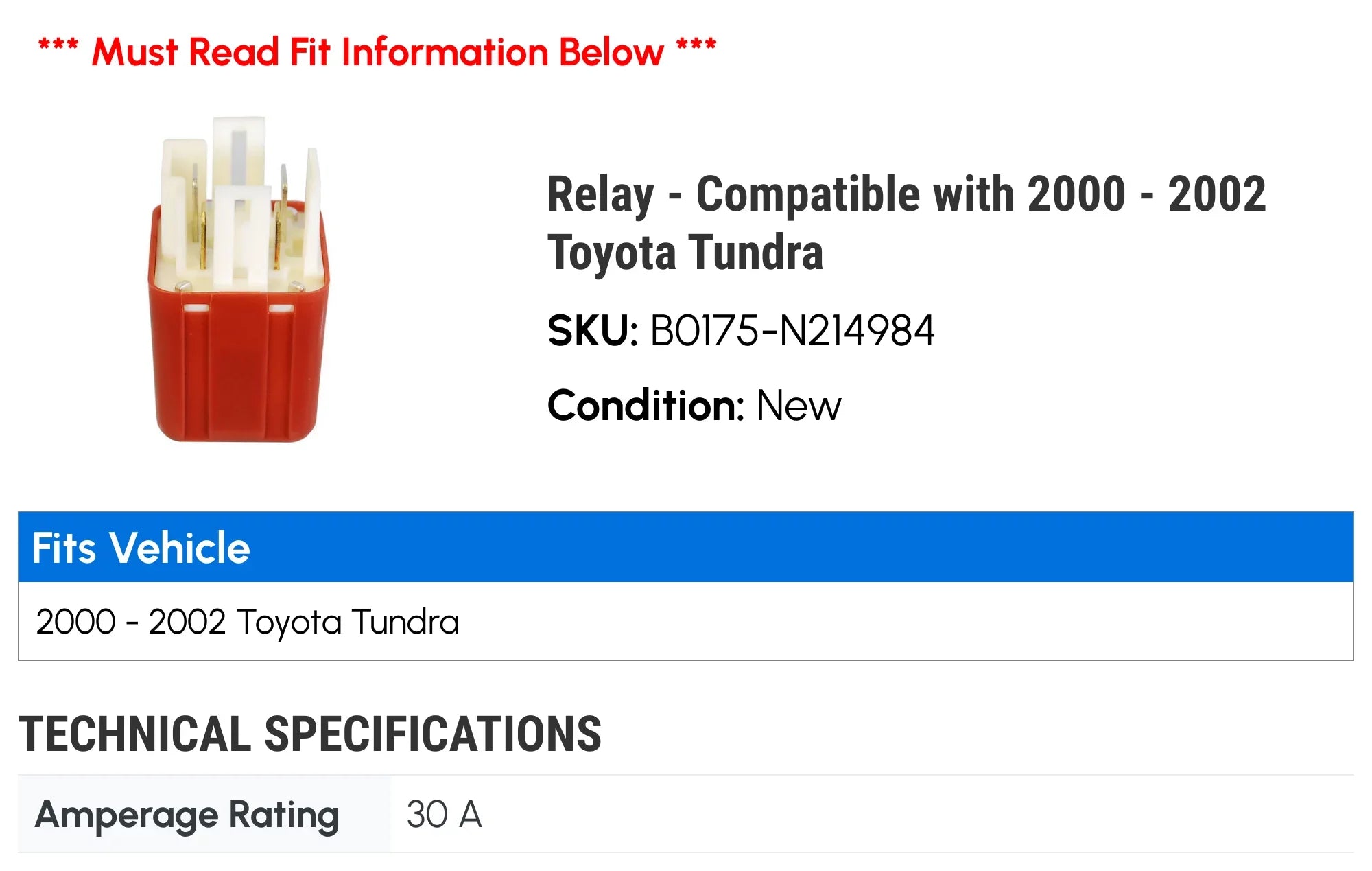 '- Compatible 2000 2002 2001 Toyota Tundra - Relay with