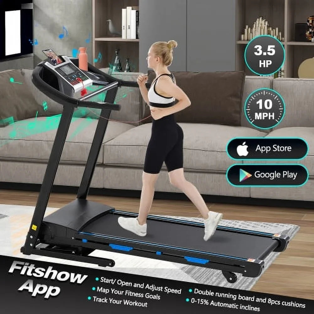 Bluetooth Home Machine Running with Double with Speaker Foldable Electric Incline: Treadmill Pulse Sensor, Absorption, 3.5HP Automatic Shock