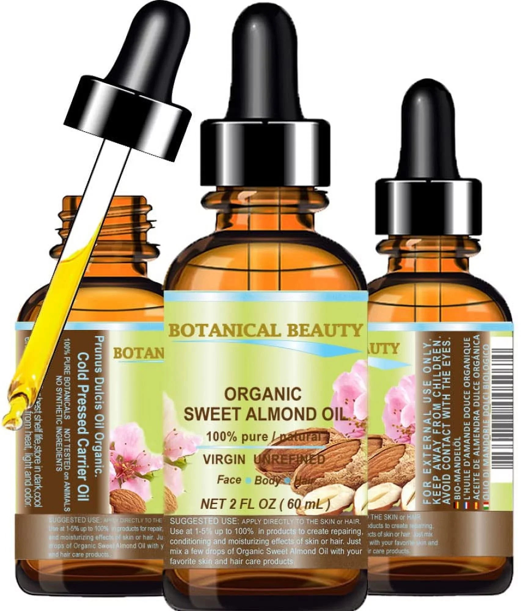 Organic Pure/Virgin/Unrefined 2 Oil Oz-60 For Face, Sweet Beauty Cold 100% Almond And Botanical Oil. Pressed Ml. Hair Body. Carrier