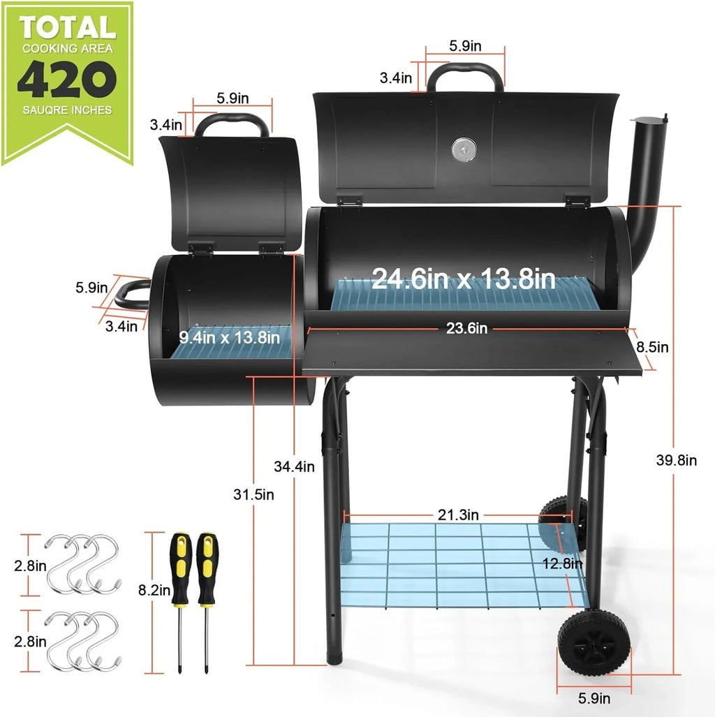 Camping & Party Grill Backyard Cooking Grill Patio Picnic, Hooks Barrel Screwdrivers Barbecue 420.SQ.IN 2 Grill, Large for exterior Smoker, Offset 6 - Area, Black with Garden BBQ Charcoal