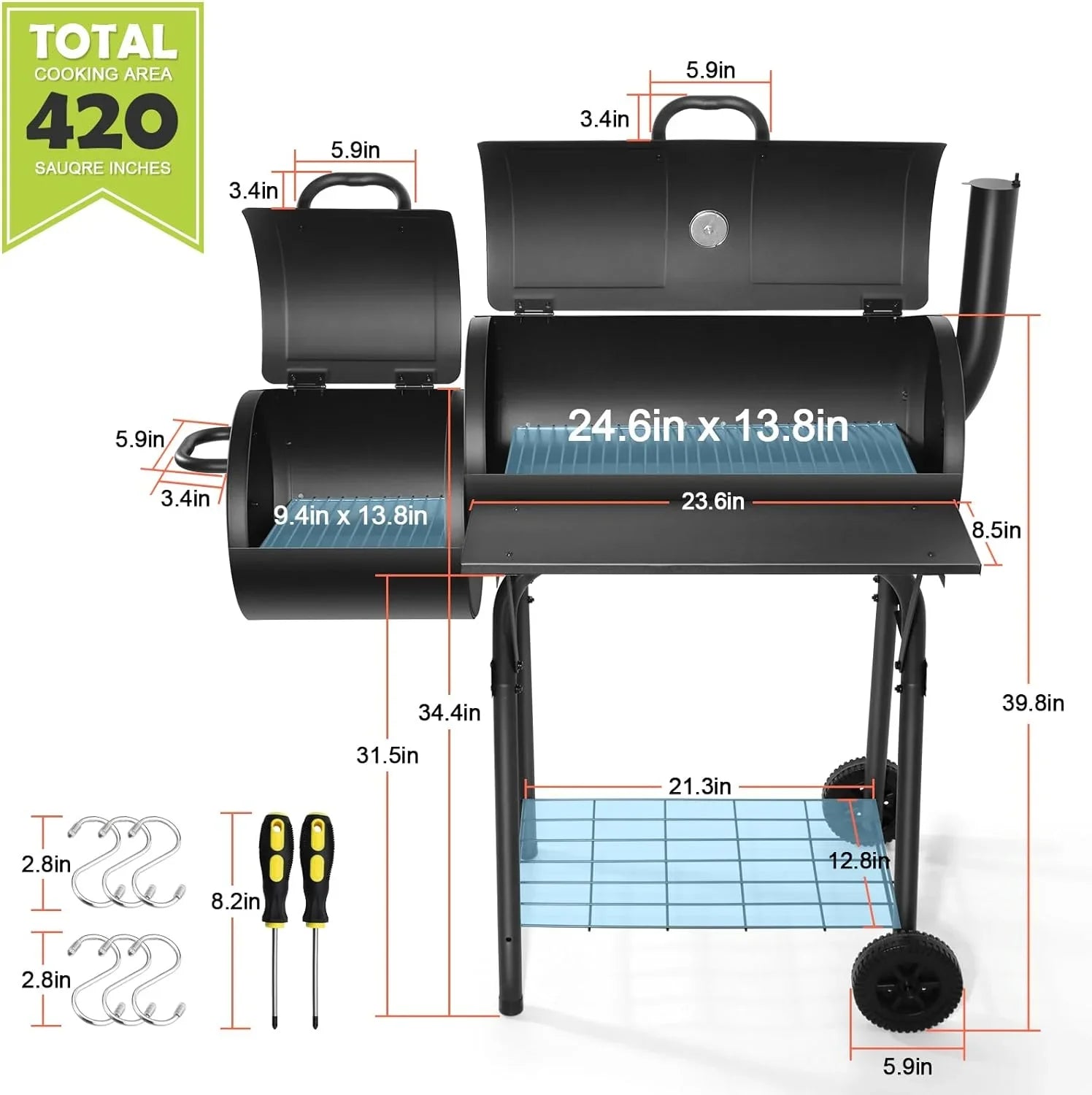 Camping & Party Grill Backyard Cooking Grill Patio Picnic, Hooks Barrel Screwdrivers Barbecue 420.SQ.IN 2 Grill, Large for exterior Smoker, Offset 6 - Area, Black with Garden BBQ Charcoal
