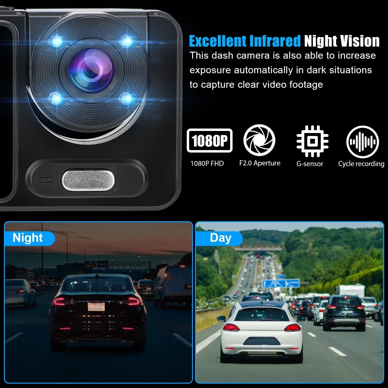 Lens HD Car Front/Rear/Inside 1080P 2" Dash Camera Video G-sensor Recorder Dual