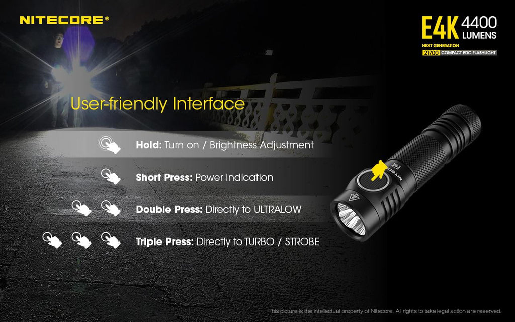Battery NITECORE Flashlight Li-ion 21700 E4K NITECORE -1x Mount Rechargeable Included w/Offset Combo: