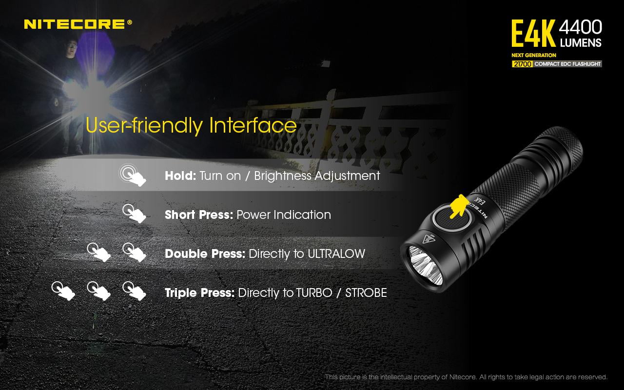 Battery NITECORE Flashlight Li-ion 21700 E4K NITECORE -1x Mount Rechargeable Included w/Offset Combo: