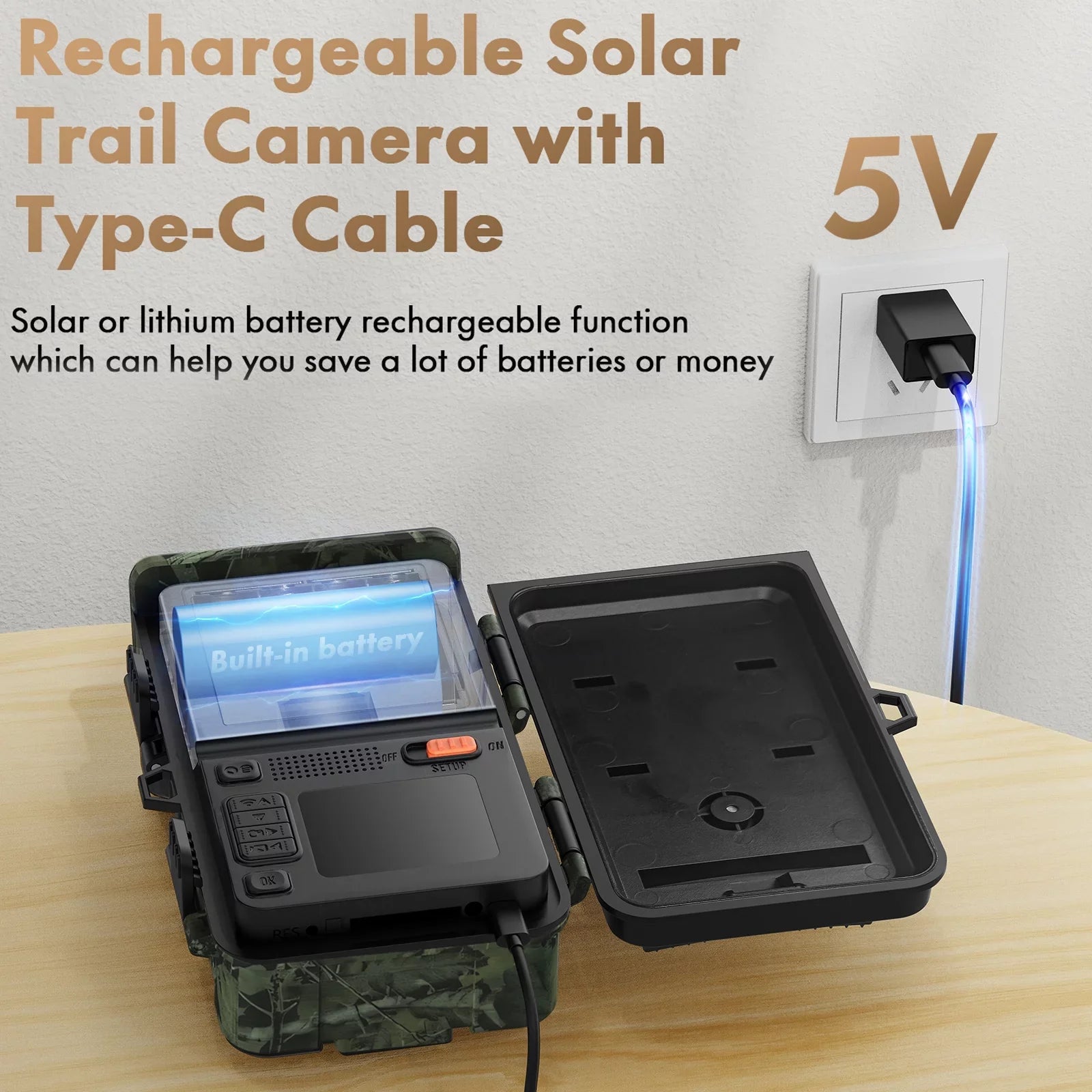 Rechargeable Battery Trail Waterproof Built-in Trigger CAMPARK Activated 120°Wide Camera Angle 0.1s 24MP Camera IP66 Motion Speed Vision with Cam Night 2500mAh Lithium Game 1080P Hunting Solar