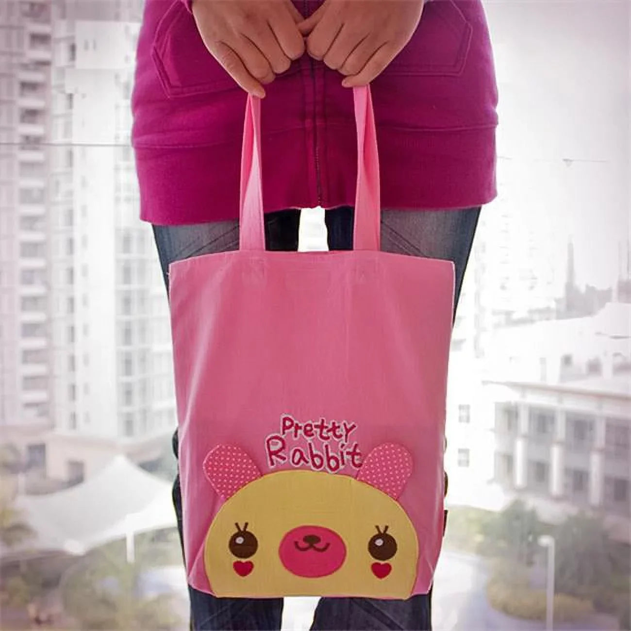 & Bag x x 10.6 - in. Rabbit HQ-36-RABBIT Embroidered Shopper 9.5 Bag Art 2.1 Tote Kids Applique Pretty Fabric