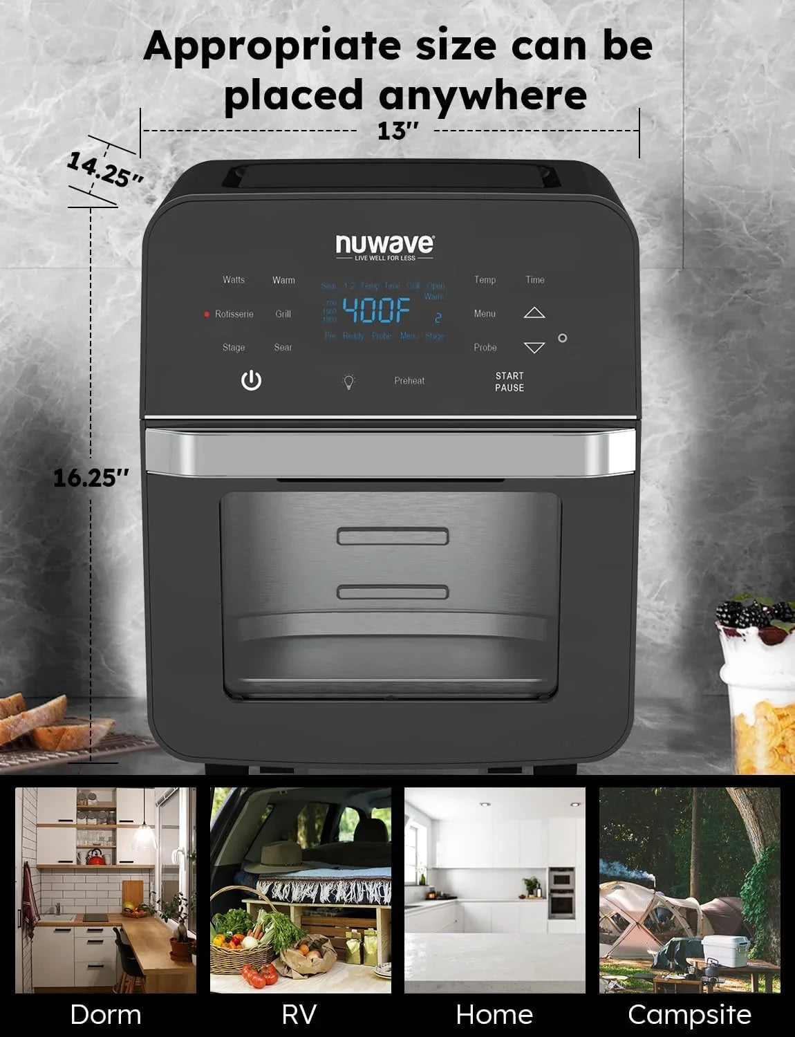 Thermometer Powerful Fryer Kit, Basket Controls, HOZO Family SS Smart &-Skewer dimension, Air 1800W, X-Large Integrated Temp Brio 50F-425F Rotisserie 15.5Qt Oven,