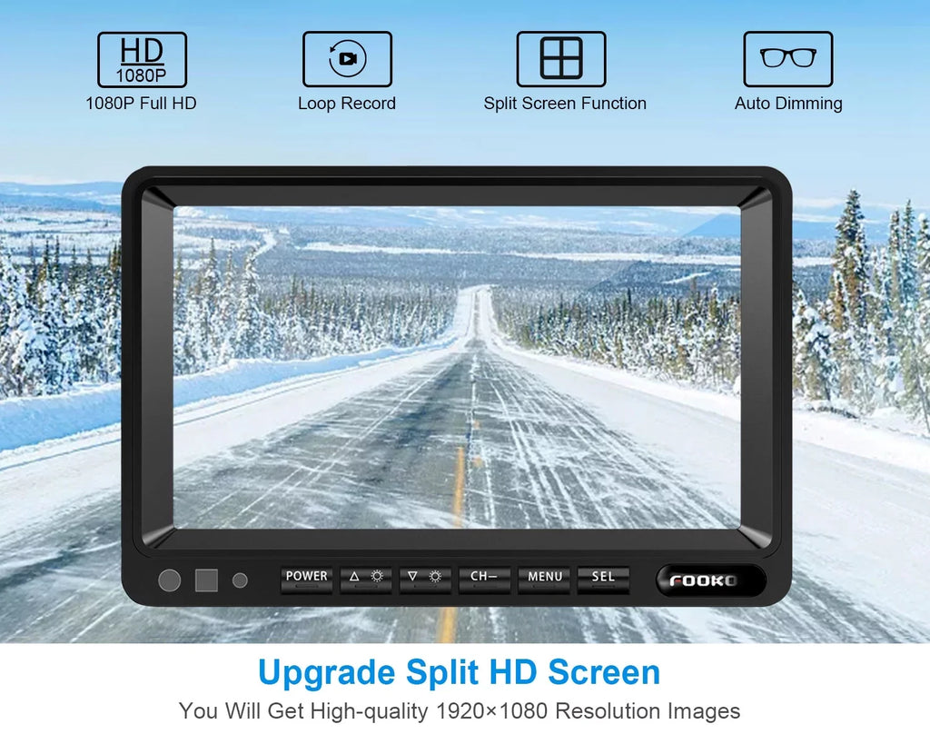 Front/Rear View (FHD3) IP69 Truck/Trailer/RV Lines Screen Waterproof Split HD Wired Ⅱ W/ 7-inch Backup Parking Dual Monitor Cameras Systems, Recording 1080P for 7" RV Fookoo Camera