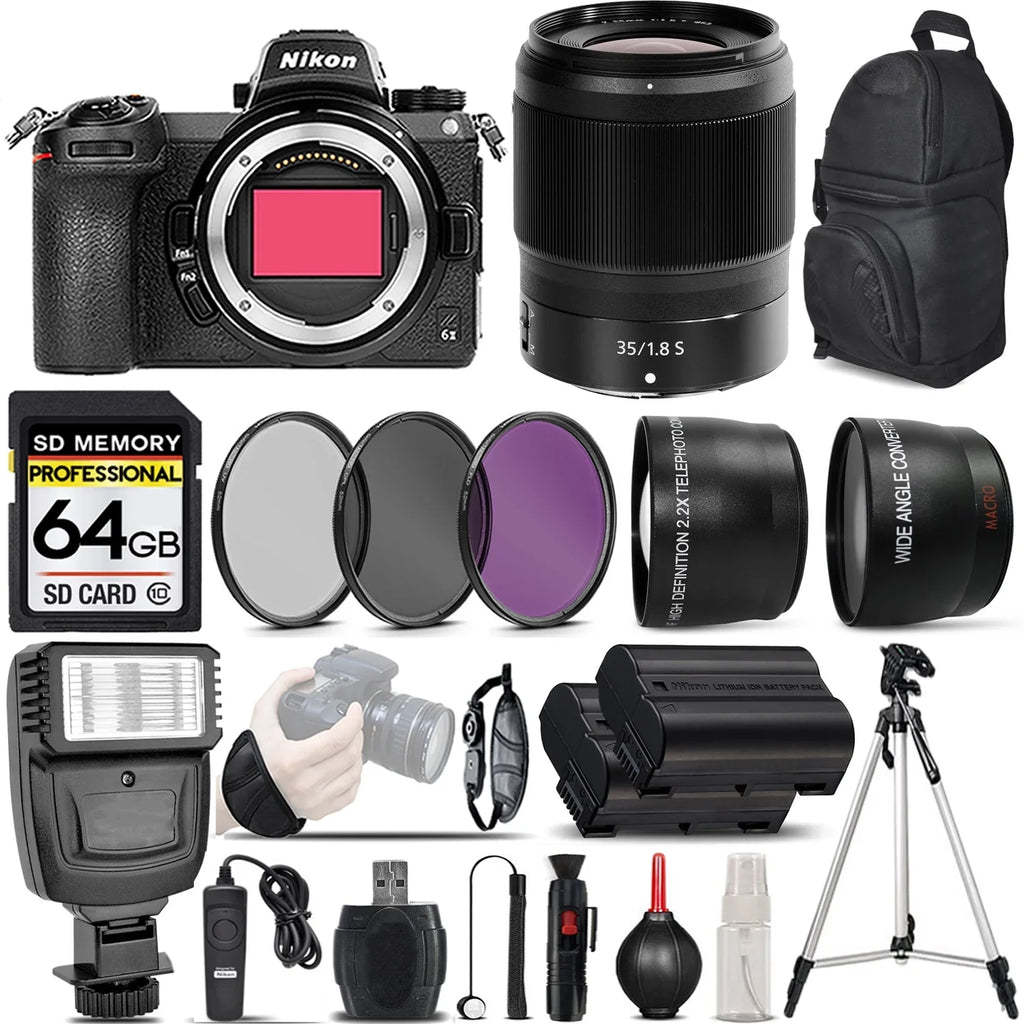 Memory 0.43X Digital + 64GB Remote S Lens + + f/1.8 + Filters Grip Telephoto UV-CPL-FLD II Camera 2.2x + Z6 Card Angle Mirrorless with Wide 35mm Control - Wrist Lens Lens Nikon + International Flash +