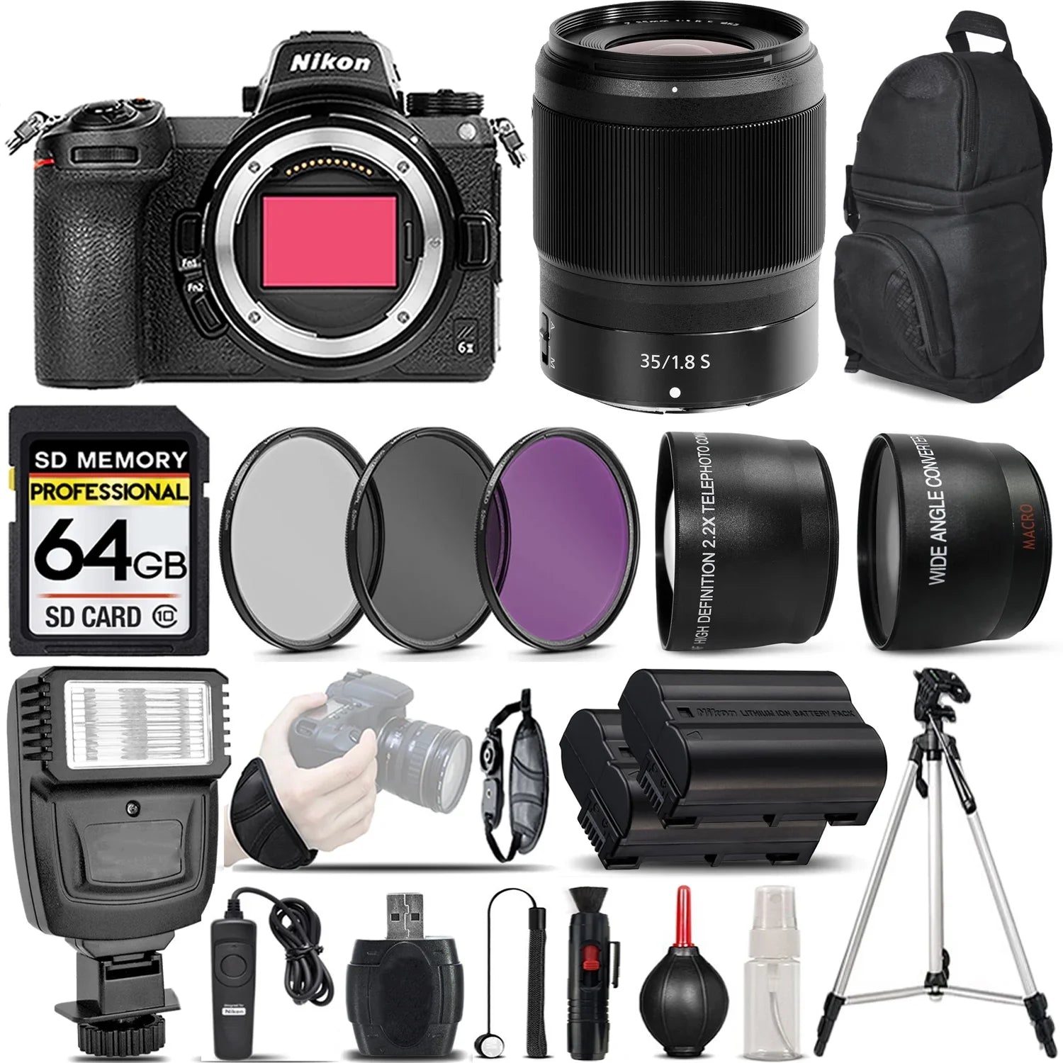 Memory 0.43X Digital + 64GB Remote S Lens + + f/1.8 + Filters Grip Telephoto UV-CPL-FLD II Camera 2.2x + Z6 Card Angle Mirrorless with Wide 35mm Control - Wrist Lens Lens Nikon + International Flash +