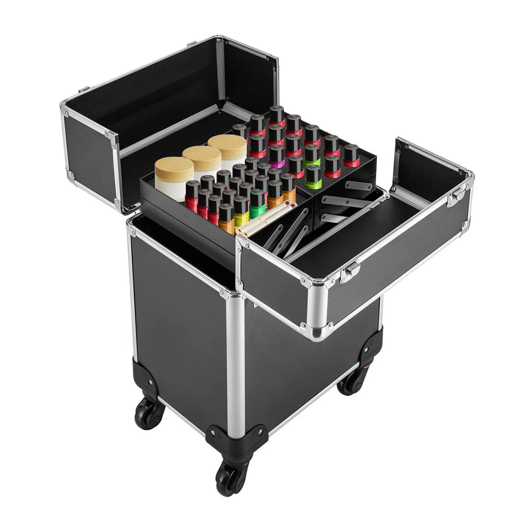 with Rolling Luggage Nail Travel Box Trunk (Black) Train Hairdresser Salon Wheels Lockable Beauty Organizer Case Tool Trolley, Cart Case Stylist Makeup Swivel Cosmetic Barber