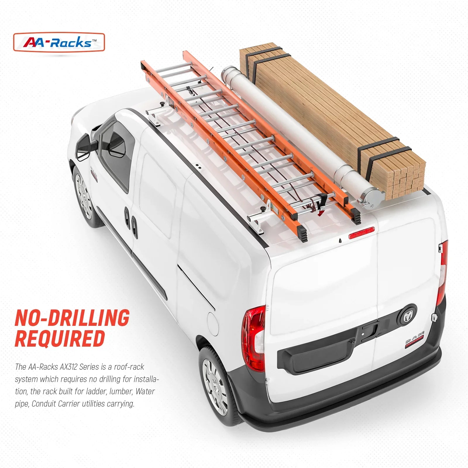 Model w/ Rack Roof AA-Racks Van ProMaster AX312-PR (50") System White City 2015-On 2 Stopper Ladder Bar RAM Aluminum