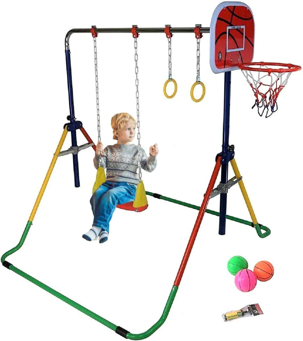 Gymnastics Bar with Gym 4-in-1 Set Rings, Training Swing, - Hoop Folding Junior for Basketball Bar Home Height-Adjustable