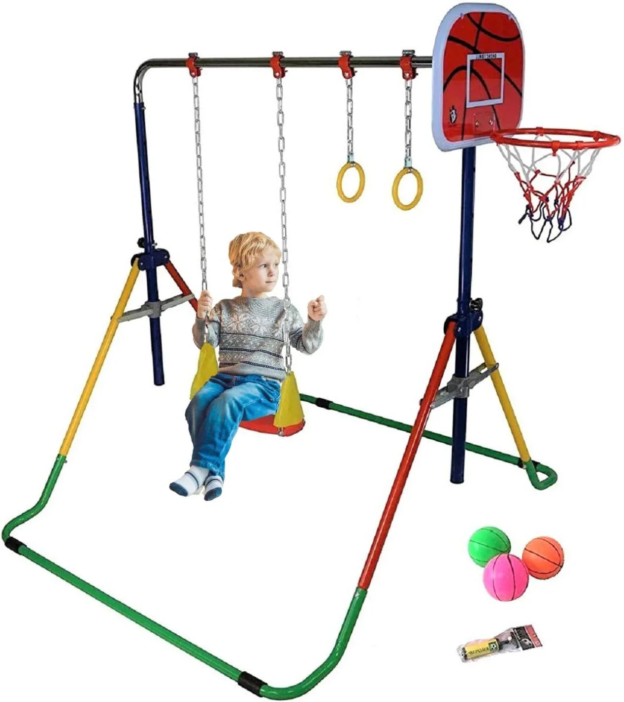 Gymnastics Bar with Gym 4-in-1 Set Rings, Training Swing, - Hoop Folding Junior for Basketball Bar Home Height-Adjustable