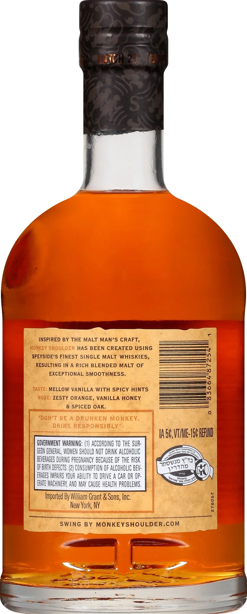 Glass Scotch Shoulder 43% ABV 86 Whisky, Proof Monkey Bottle, 750ml
