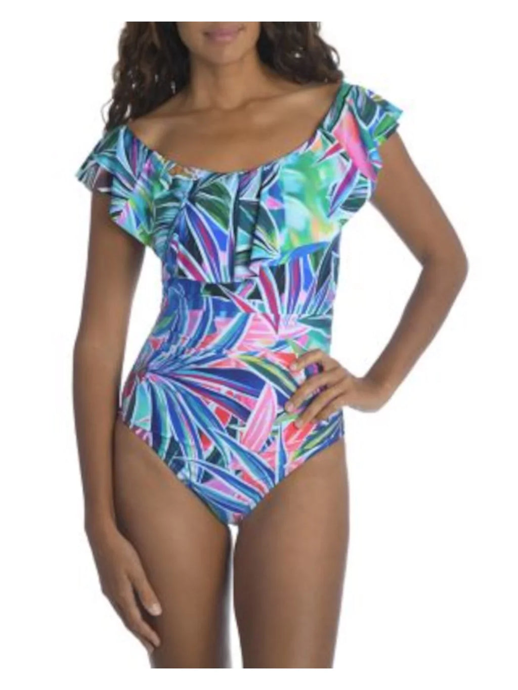 One Blue BLANCA Shoulder Off Printed The Piece Women's Swimsuit LA 10