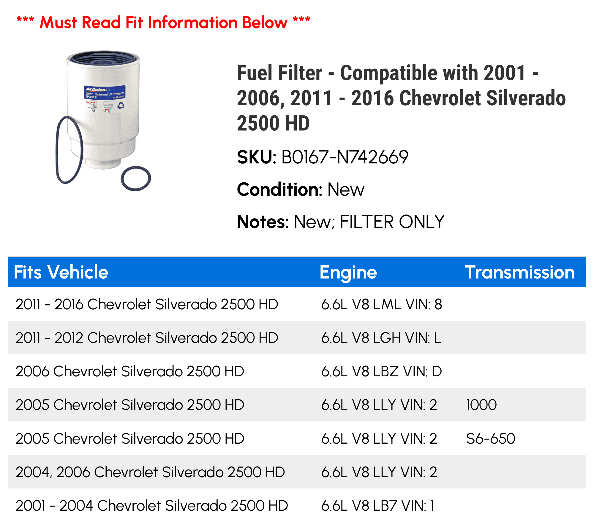 2006, with - 2012 - 2016 2500 2005 Compatible 2004 Filter Fuel HD 2015 2011 2001 Silverado 2014 Chevy 2013 2003 - 2002