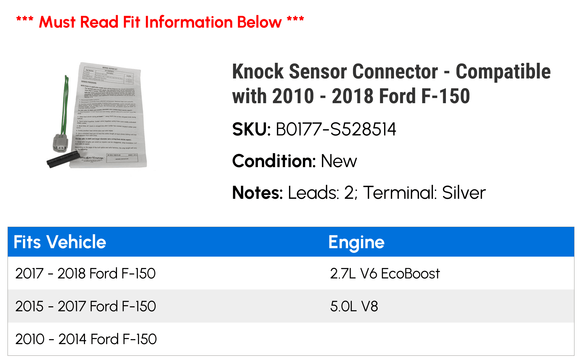 2010 F-150 Sensor - 2011 Knock 2013 2017 2015 2018 2012 with 2014 - Connector 2016 Compatible