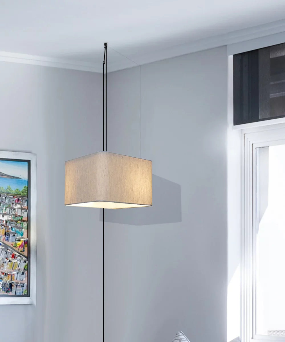 Square 1 Pendant Swag Drum Light Black Rounded Cord Shade, 14"w Oatmeal Corner Plug-In